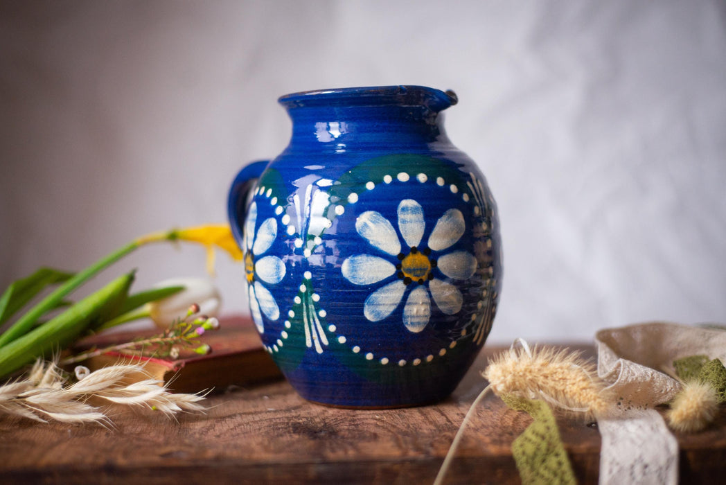 Blue Ceramic Pitcher with Daisies – Rustic German Farmhouse Jug