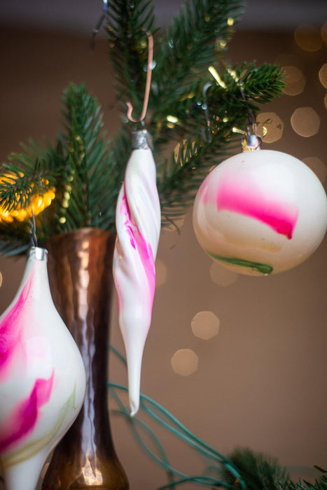 Vintage Pink and White Glass Christmas Ornaments, Set of 5 Bohemian Icicle Baubles