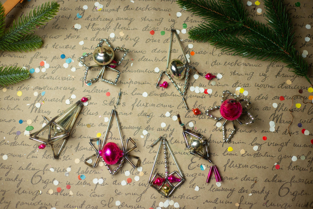 Vintage Sputnik Glass Christmas Ornaments Set of 7, Geometric Retro Baubles