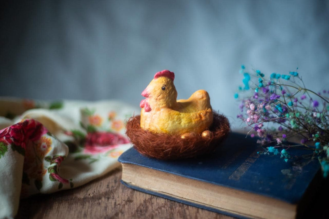 Broody Chicken Figurine – Rustic Easter Decor Paper Mache Doll With Eggs