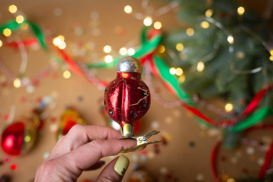 Vintage Glass Beetle Ornament, Retro Ladybug Christmas