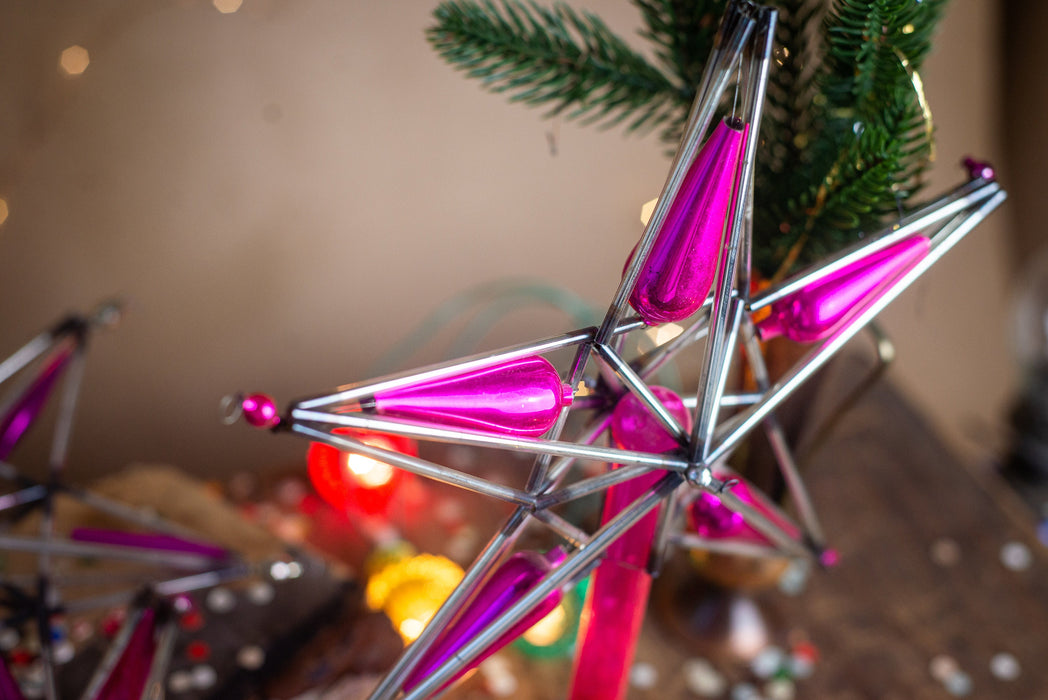 Vintage Christmas tree topper, Silver pink glass bugle star, Beaded Xmas tree ornaments