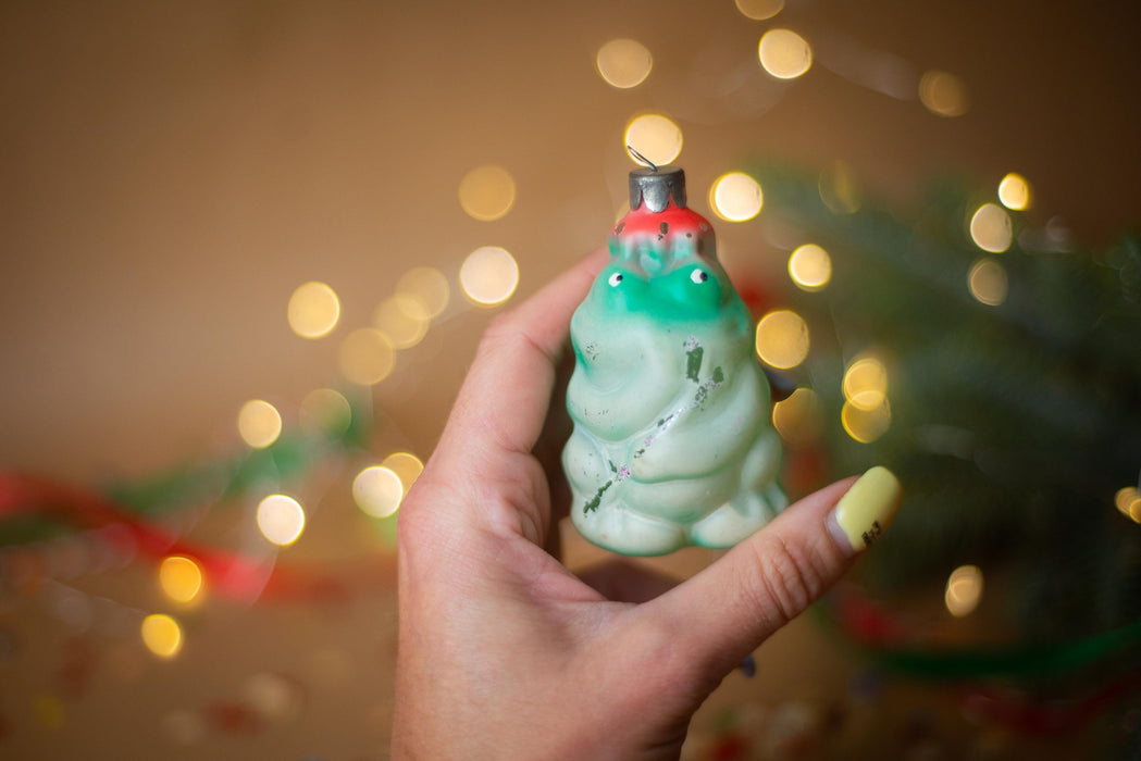 Vintage Green Glass Frog Christmas Ornament, 1970s