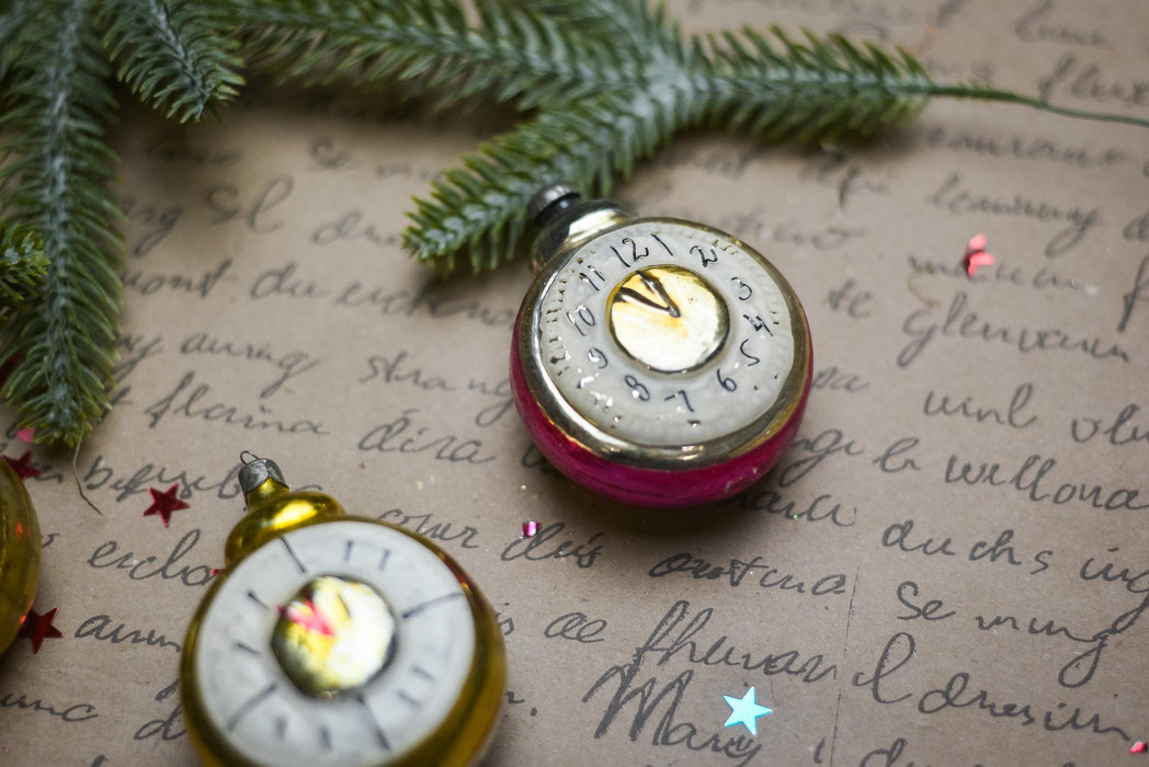 Vintage Clock Christmas Ornament, Mid Century Glass Tree