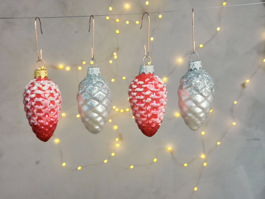 Glass Pine Cone Ornament with Snow, Hand-Painted Bohemian