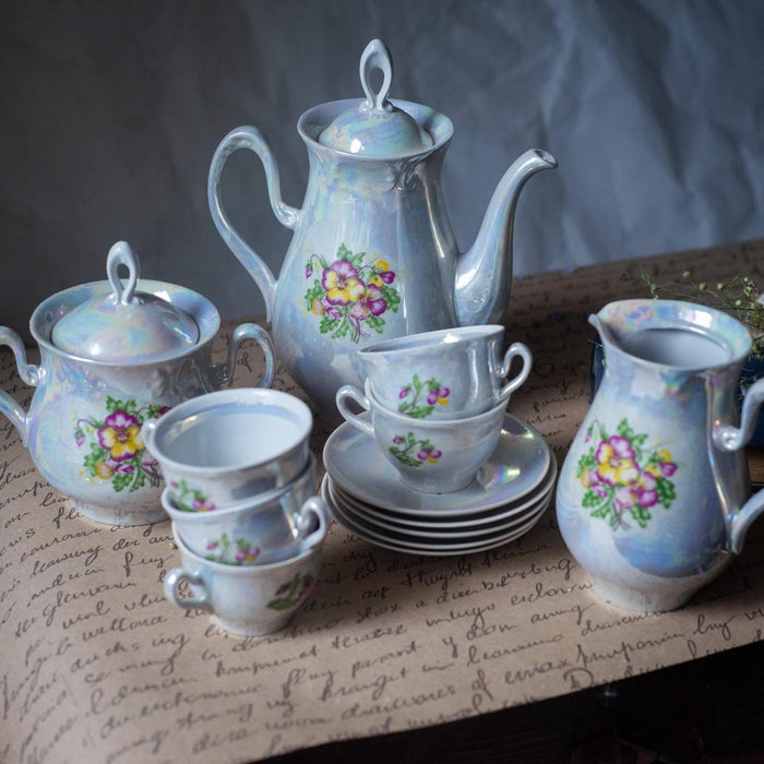 Vintage Lusterware Tea Set with Floral Design, Iridescent Porcelain Coffee Set, Mid Century, Romantic China Set 13 pieces