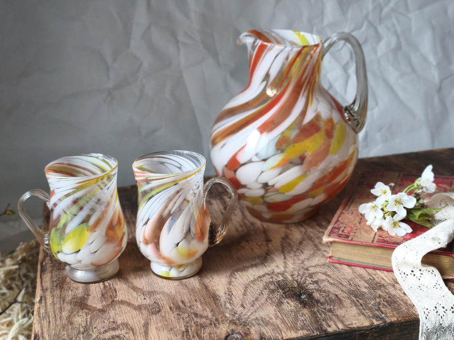 Vintage Murano Glass Pitcher Hand-Blown 1970s With Matching Mugs
