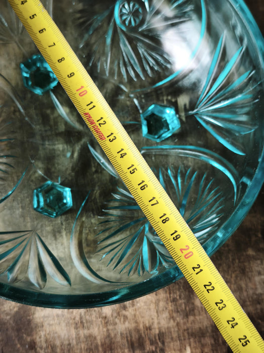 Vintage Glass Bowl – Blue Turquoise Fruit Serving Dish with Pressed Starburst Pattern