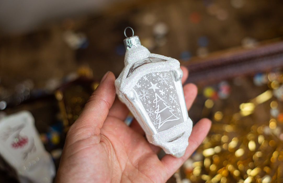 Vintage Glass Lantern Ornament, Hand Painted Christmas