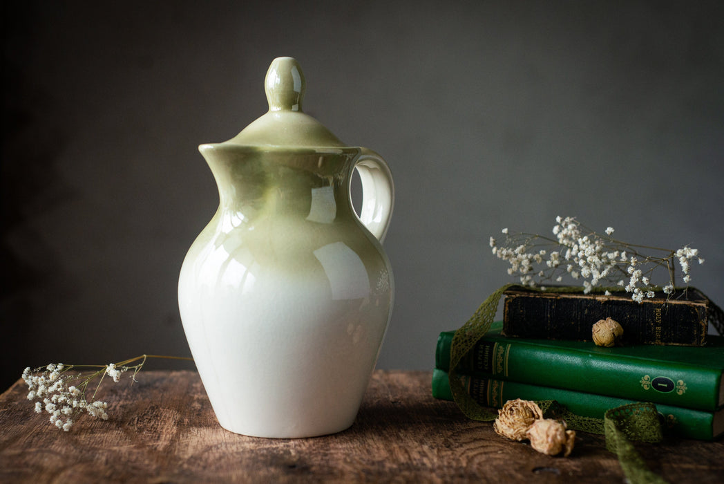 Vintage ceramic pitcher, Pottery milk jug with lid,  lidded carafe, Water or tea jug, Ceramic dinnerware