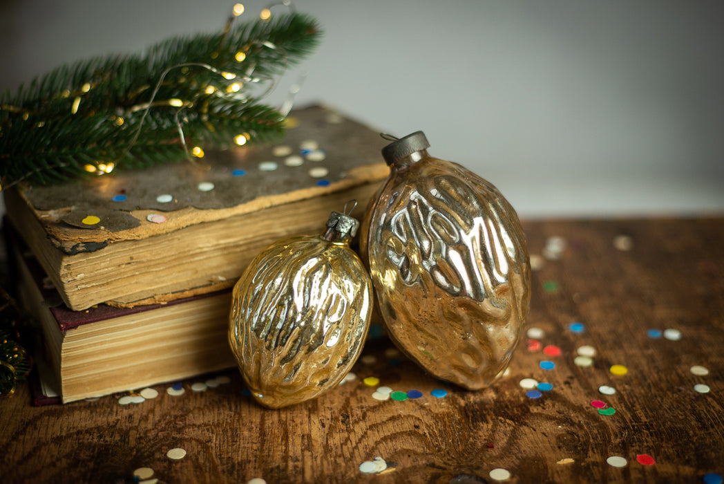 Golden Glass Nut Ornaments Vintage Walnut Almond