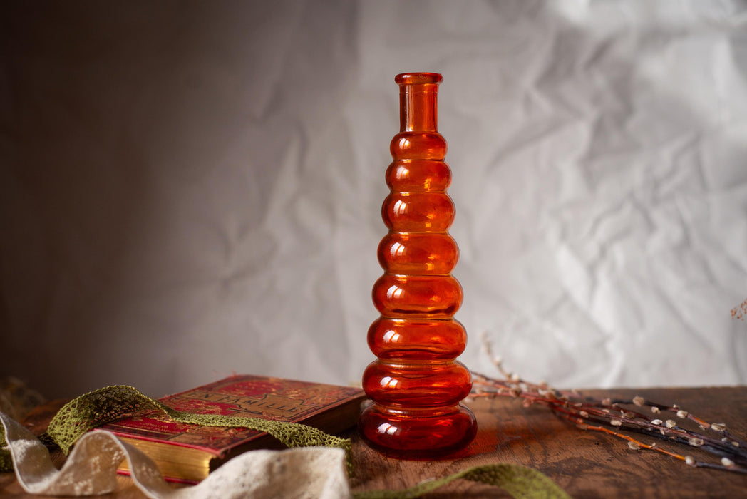 Red Glass Bubble Vase Mid Century 1970s Tall Single Stem Decor