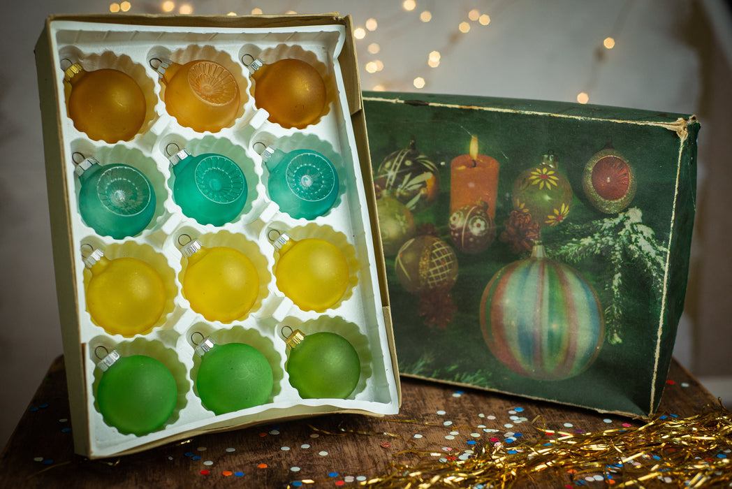 Vintage Frosted Glass Ornaments, 1980s Matte Multicolour Baubles.
