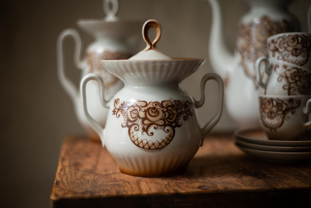 Vintage Porcelain Coffee Set, 1980s, Brown Baroque Pattern Tea Set, Full Coffee Service for 6