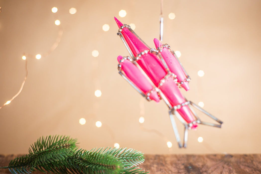 Vintage Rocket Ornament, Hot Pink 1950s Glass Beaded Montage