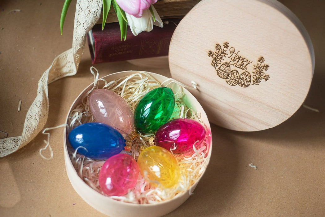 Glass Easter Eggs - Hand-Blown Colorful Hanging Ornaments in Wooden Box Storage