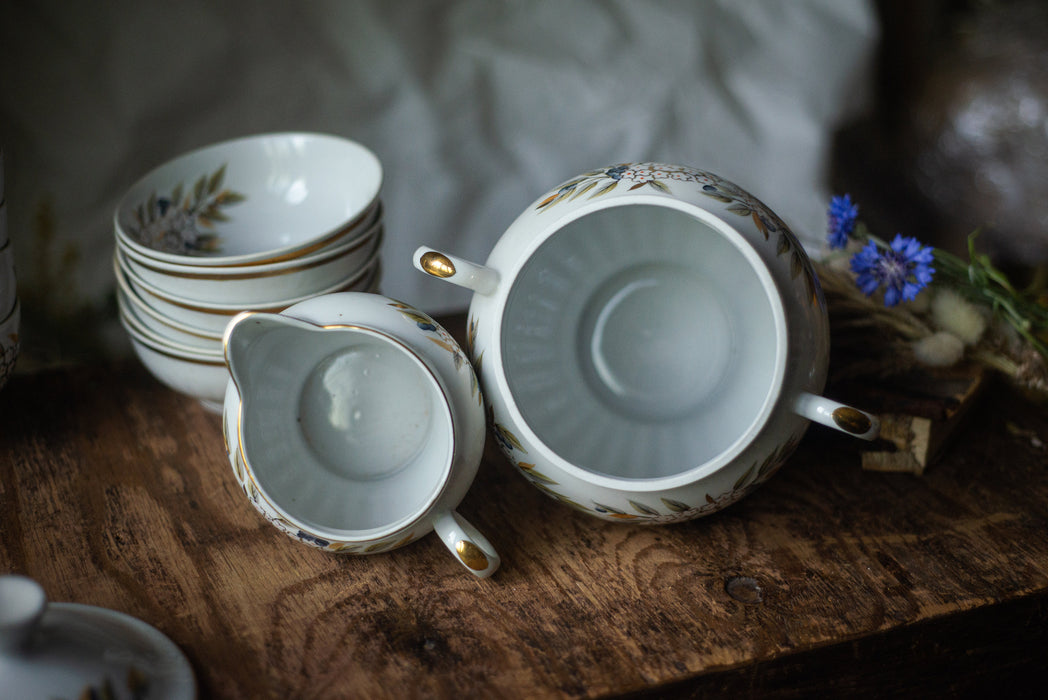 Vintage Floral Porcelain Dinner Set, Rustic Soup Tureen and Bowls Tableware