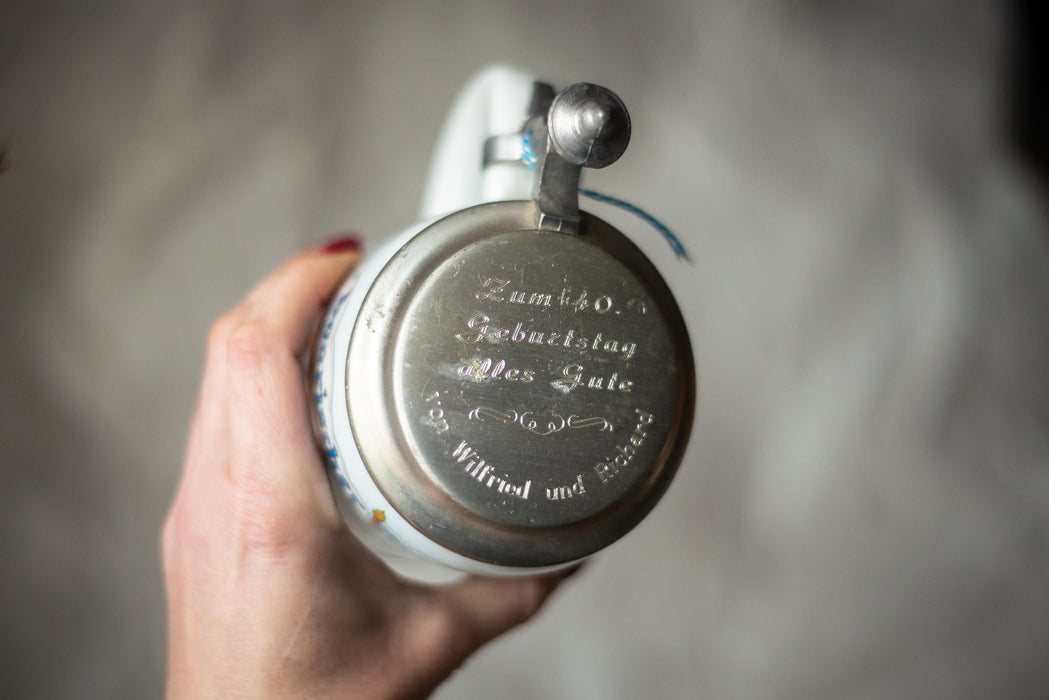 Vintage German Ceramic Beer Steins with Pewter Lids Folk Art Barware