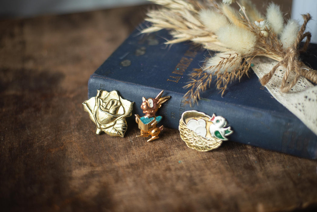Vintage Enamel Pins Set, Donkey Rose Bird Brooches Mid Century Cute Jewelry