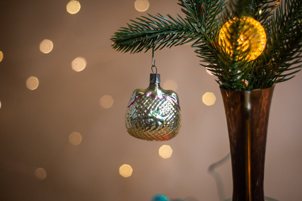 Vintage Glass Purse Christmas Ornament, Gold Mid Century