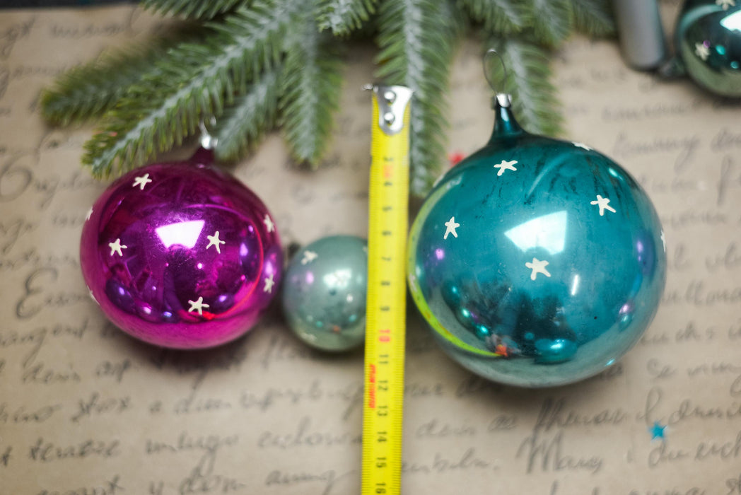 Vintage Glass Christmas Ornaments Set, Glow in Dark Stars, 1970s Teal Pink Balls