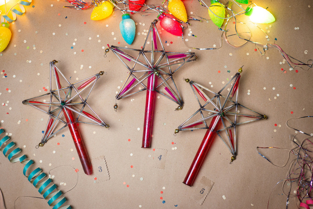 Vintage Christmas tree topper, Silver pink glass bugle star, Beaded Xmas tree ornaments