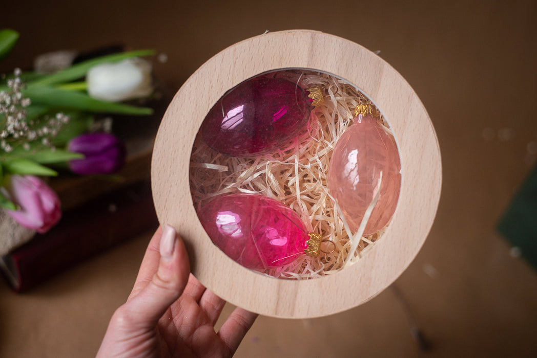 Glass Easter Eggs - Hand-Blown Colorful Hanging Ornaments in Wooden Box Storage