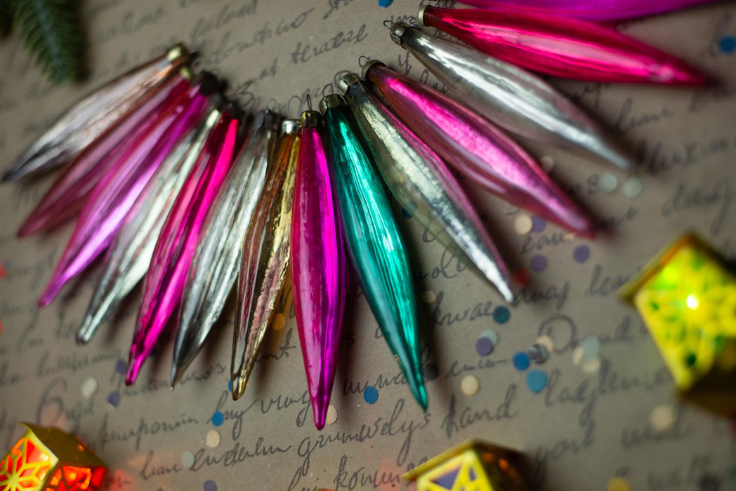 Long Vintage Glass Icicle Ornaments, Pink & Silver – 1950s