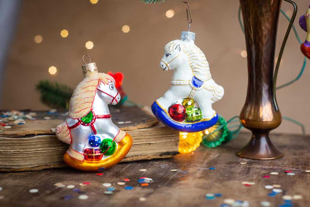 Glass Rocking Horse Ornament, Hand-Painted 3.94in Retro Carousel Decor