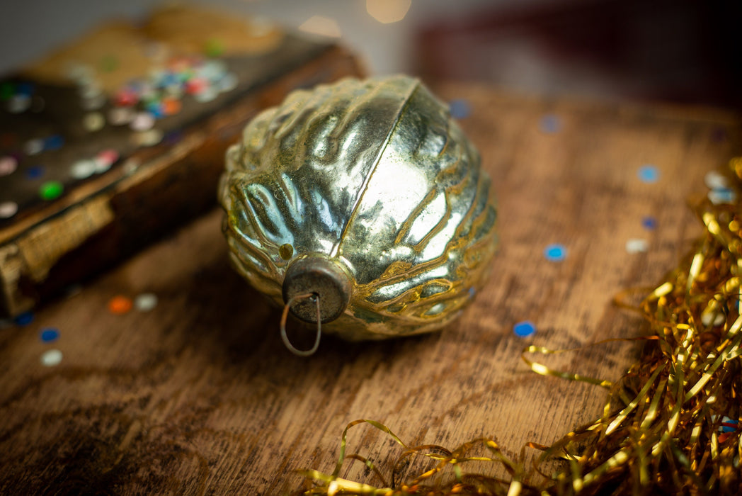 Large Vintage Glass Walnut Ornament, Gold Christmas Tree