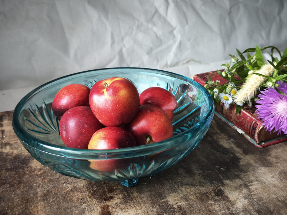 Vintage Glass Bowl – Blue Turquoise Fruit Serving Dish with Pressed Starburst Pattern
