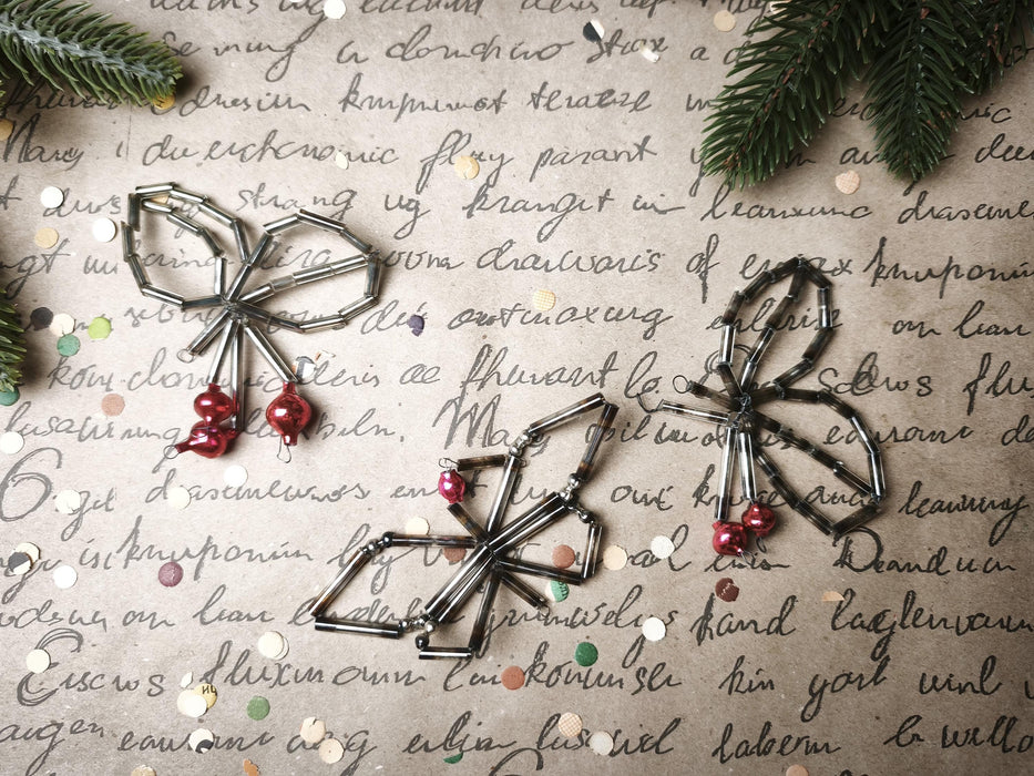 Vintage Glass Butterfly Ornament, 1950s-60s Beaded Montage, 10 Cm