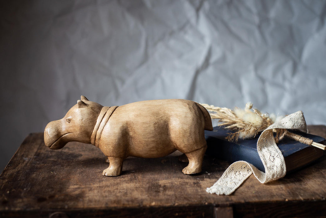 Wooden Hippo Figurine, Vintage Hand-Carved Solid Wood, 11x4.9 In