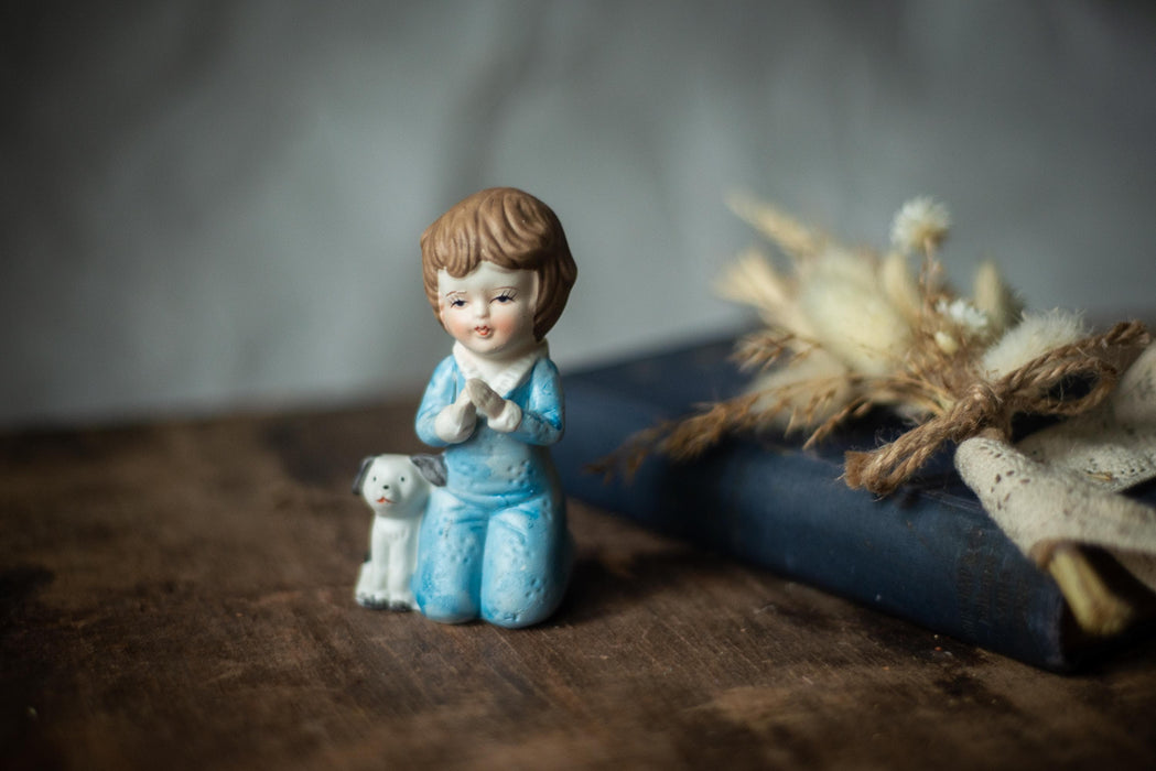 Vintage Bisque Porcelain Figurine, Praying Boy With Puppy, Germany