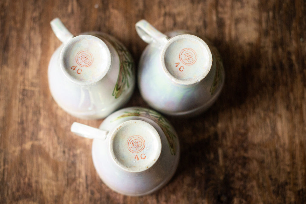 Vintage Porcelain Mini Teacup Set: Pearlescent Pine Design, USSR 1970s