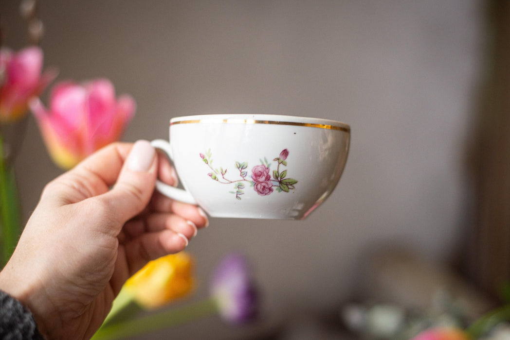 Vintage White Porcelain Cup and Saucer with Pink Floral Pattern, 1970s