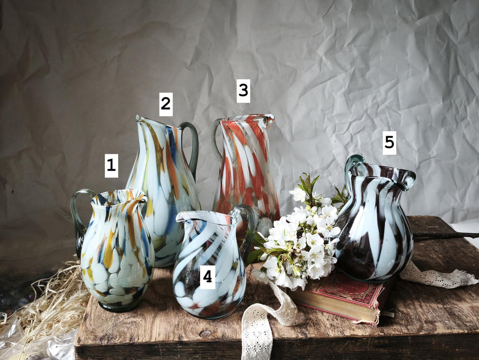 Murano Style Glass Pitcher, Hand-Blown 1970s Colorful Jug Vase In