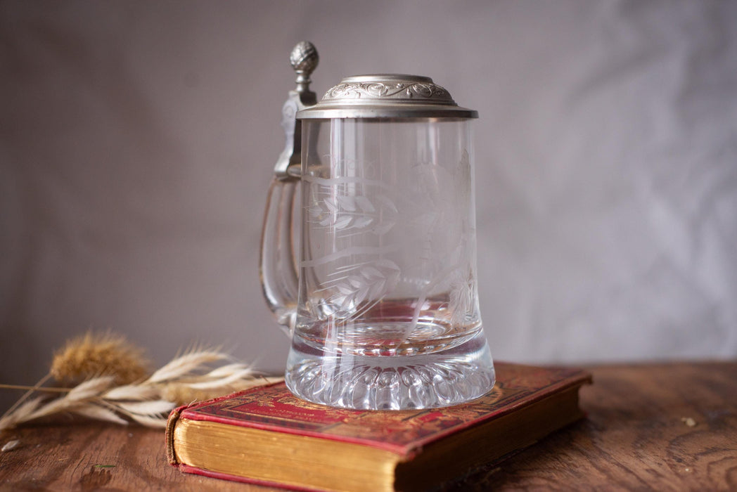 Vintage Glass Beer Stein with Pewter Lid German Barware Tankard