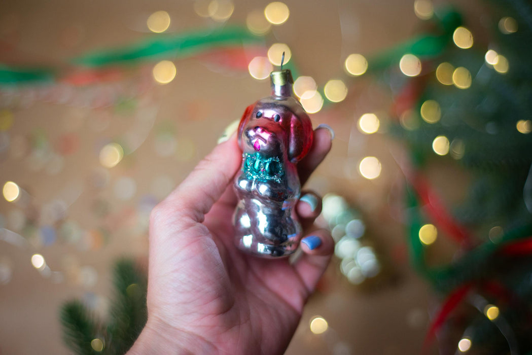 Vintage Glass Dog Ornament with Bowtie, Mid Century