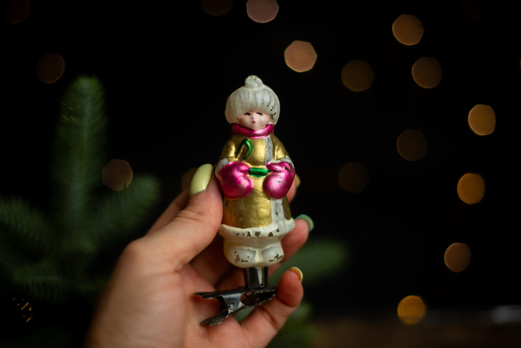 Vintage Glass Christmas Ornament Girl with Red Mittens