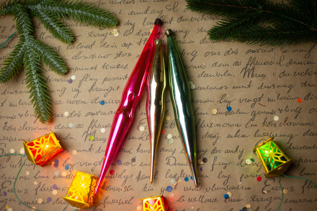 Long Glass Icicle Christmas Ornaments, Vintage Set of 3