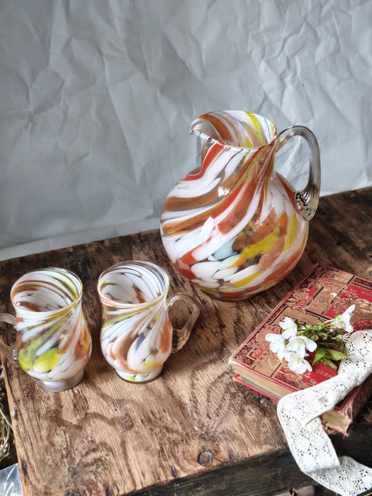 Vintage Murano Glass Pitcher Hand-Blown 1970s With Matching Mugs