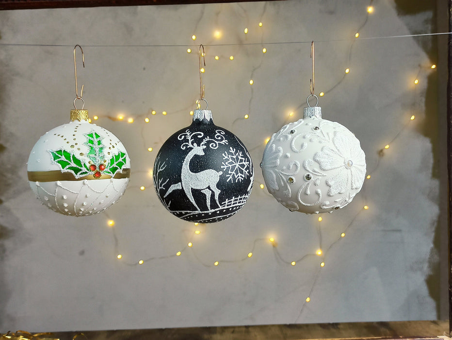 Black White Christmas Baubles Set, Hand Painted Glass
