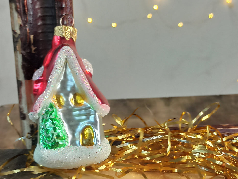 Glass Cottage Christmas Ornament, Hand Blown Holiday