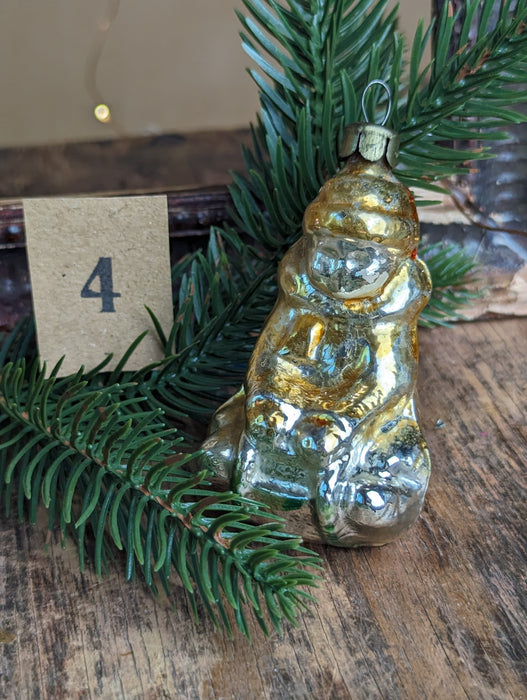 Vintage Glass Sledding Boy Ornament, Soviet 1960s