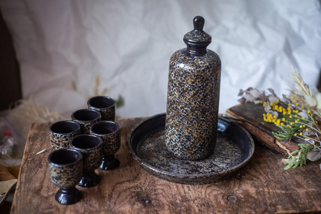 Vintage Ceramic Wine Set with Bottle, Glasses and Tray