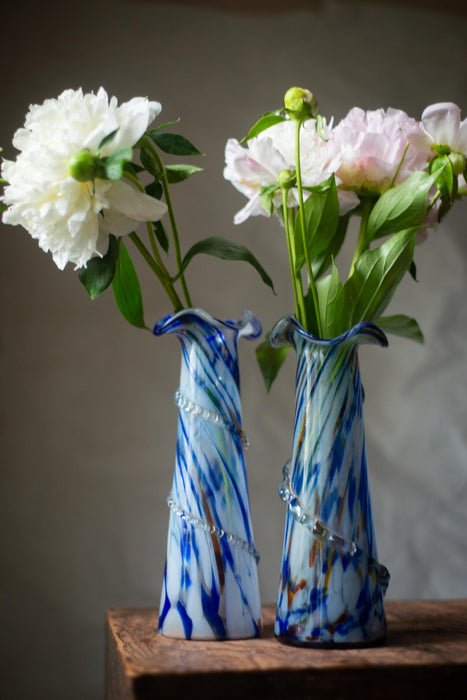 Murano Glass Vase, vintage Blue White Cobalt Swirl Mid Century, Boho flower vase