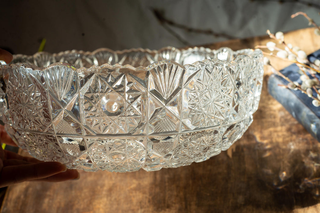 Vintage Cut Crystal Bowl, 1970s Clear Crystal Centerpiece