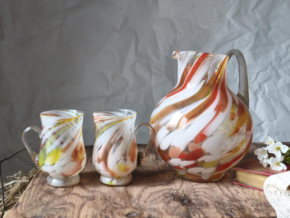 Vintage Murano Glass Pitcher Hand-Blown 1970s With Matching Mugs