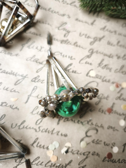 Vintage Glass Christmas Ornaments, Silver Green Montage Set, 7 Pc